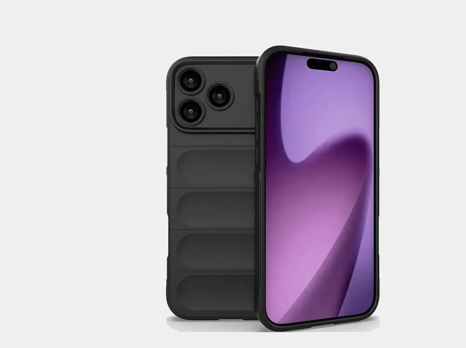 Matte black shockproof phone case for iPhone 17, featuring slim design with horizontal grip texture on back and full edge protection. Designed for drop resistance and scratch prevention.