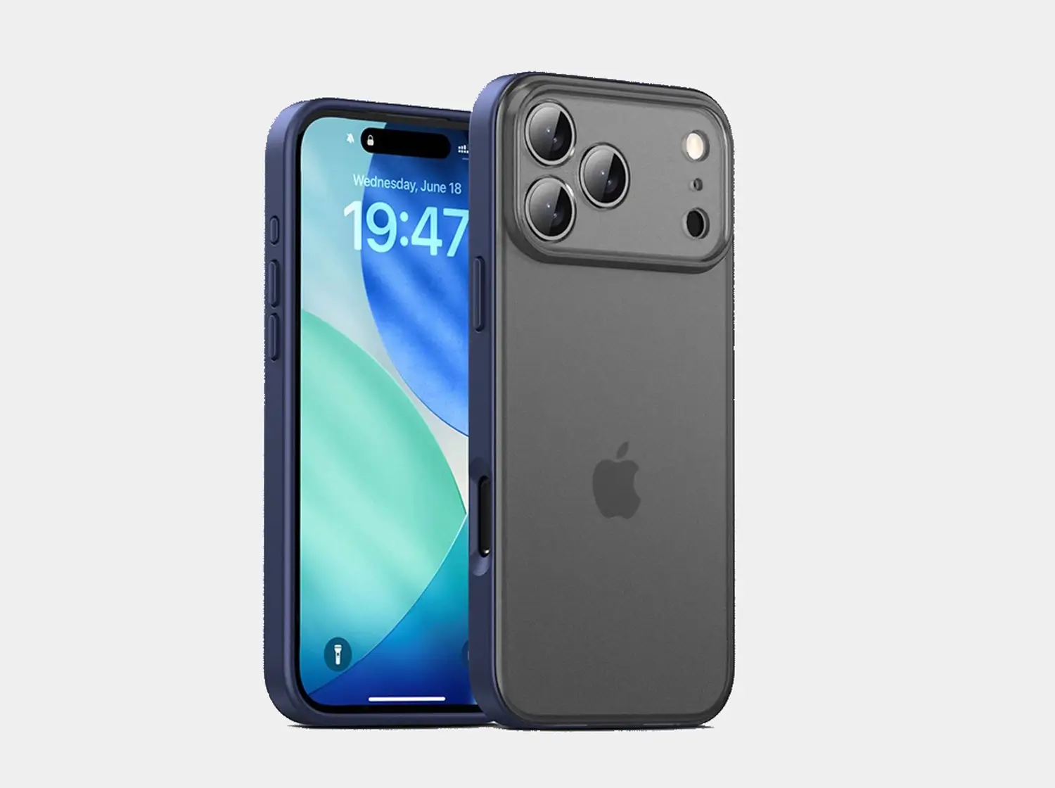 Dark blue custom phone case for iPhone 17 Pro Max, featuring a sleek design with full edge protection and camera bump coverage. Designed for personalization with your own photo or artwork.