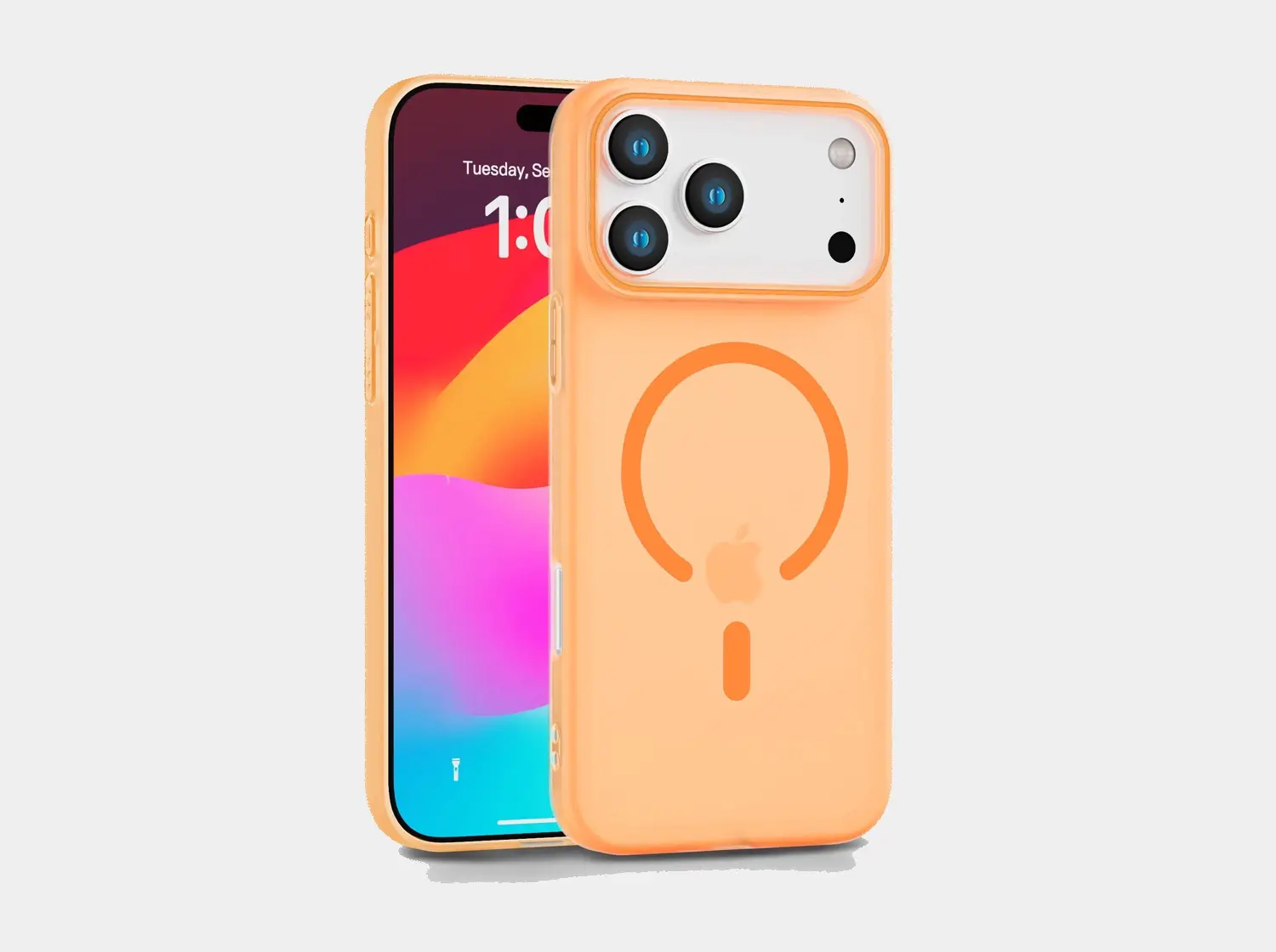 Orange MagSafe-compatible phone case for iPhone 17 Pro Max, featuring built-in magnetic ring for perfect alignment with MagSafe chargers and accessories. Designed for seamless wireless charging and strong magnetic attachment.