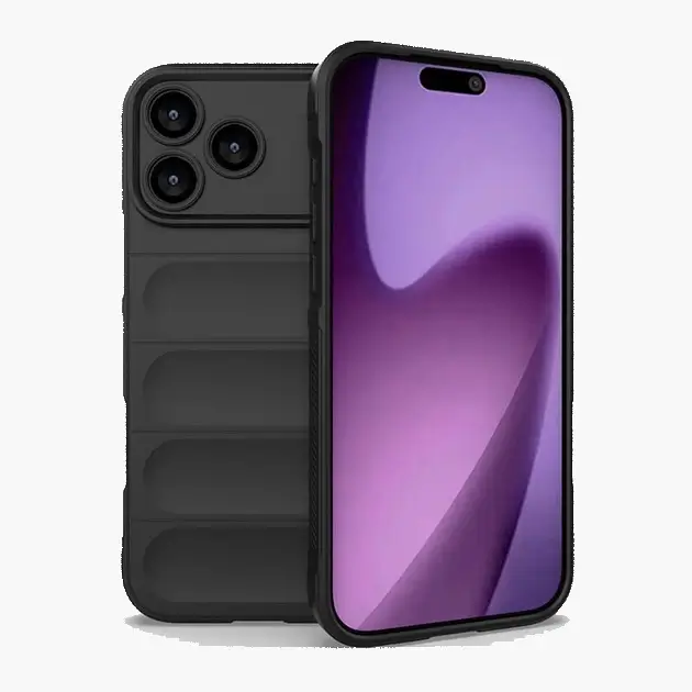 Matte black shockproof phone case for iPhone 17, featuring ultra-thin profile with horizontal grip texture on back and full edge protection. Designed for drop resistance and scratch prevention.