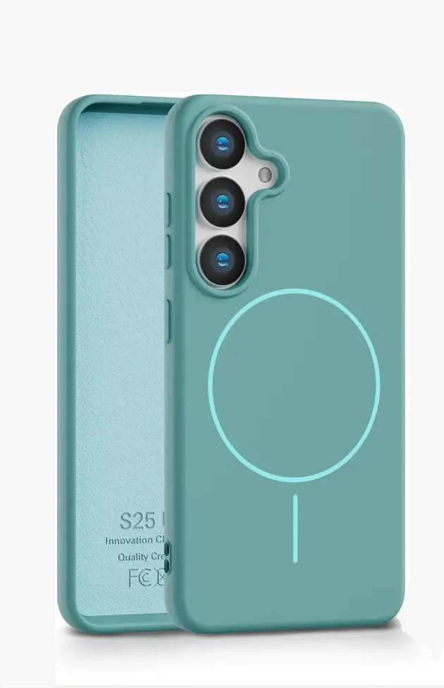 Teal-colored phone case for Samsung Galaxy S25 Ultra, featuring built-in magnetic ring for compatibility with wireless chargers and mounts. Designed for full edge protection and sleek style.