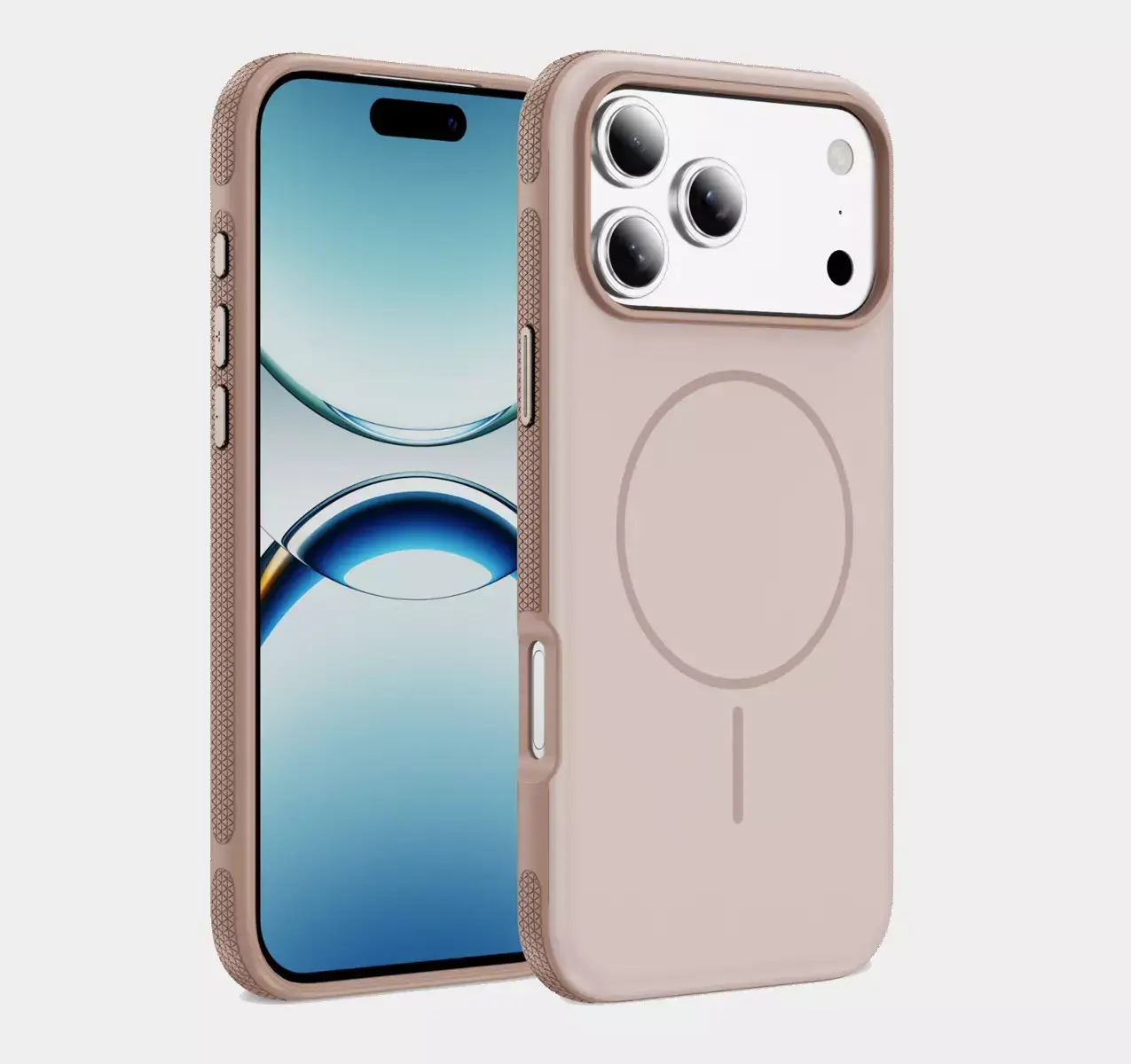 Blush pink MagSafe-compatible phone case for iPhone 17 Pro Max, featuring built-in magnetic ring for perfect alignment with MagSafe chargers and accessories. Designed for seamless wireless charging and strong magnetic attachment.