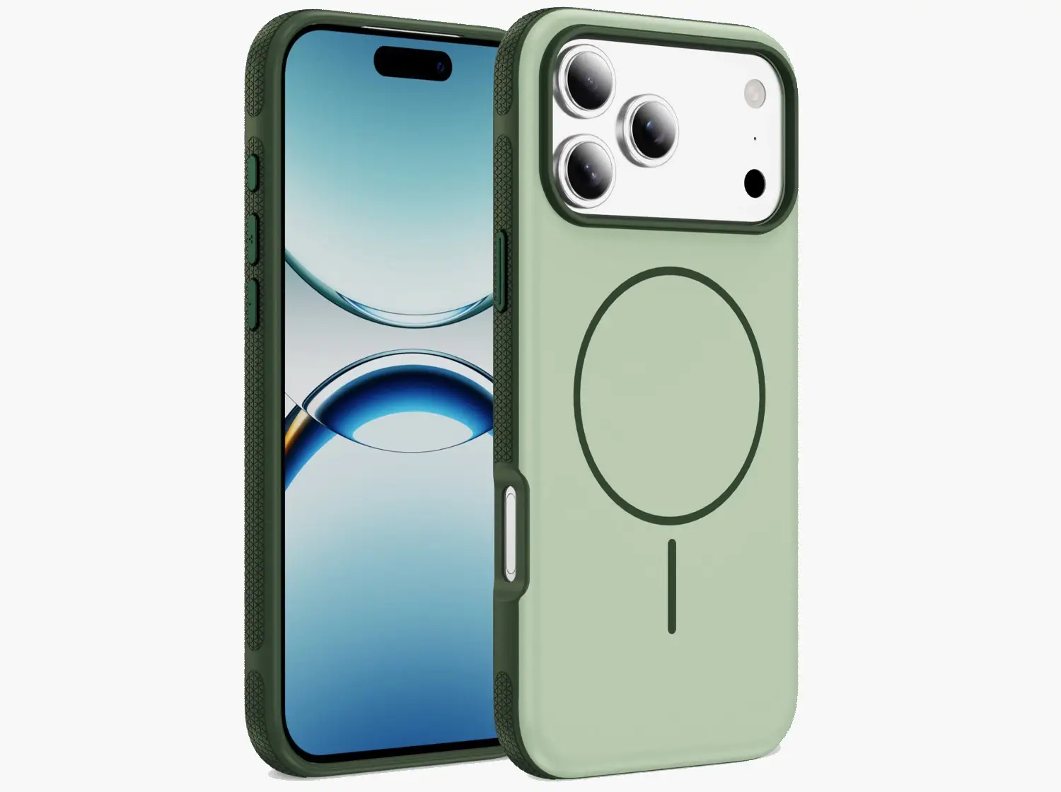 Green MagSafe-compatible phone case for iPhone 17, featuring built-in magnetic ring for perfect alignment with MagSafe chargers and accessories. Designed for seamless wireless charging and strong magnetic attachment.